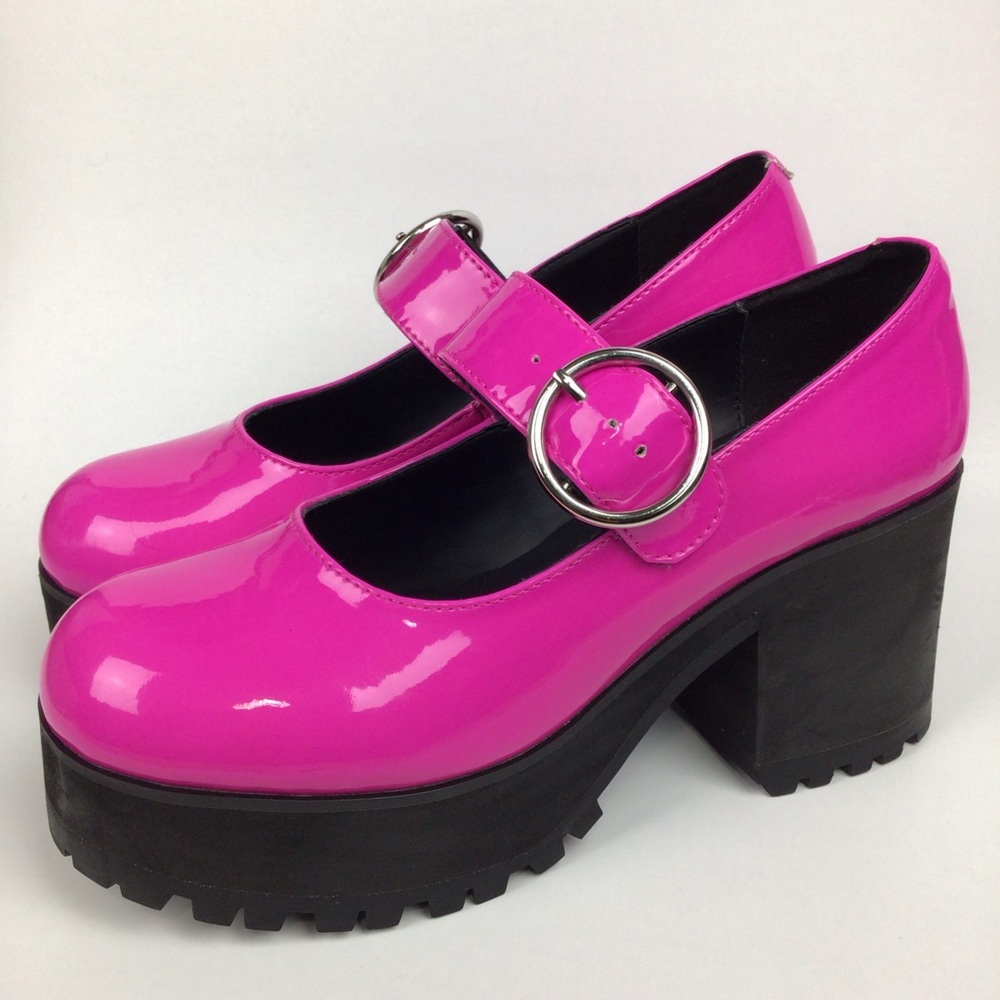 Dolls Kill Current Mood Y2K Damnation Platform Goth Mary Janes Shoes Hot Pink 8